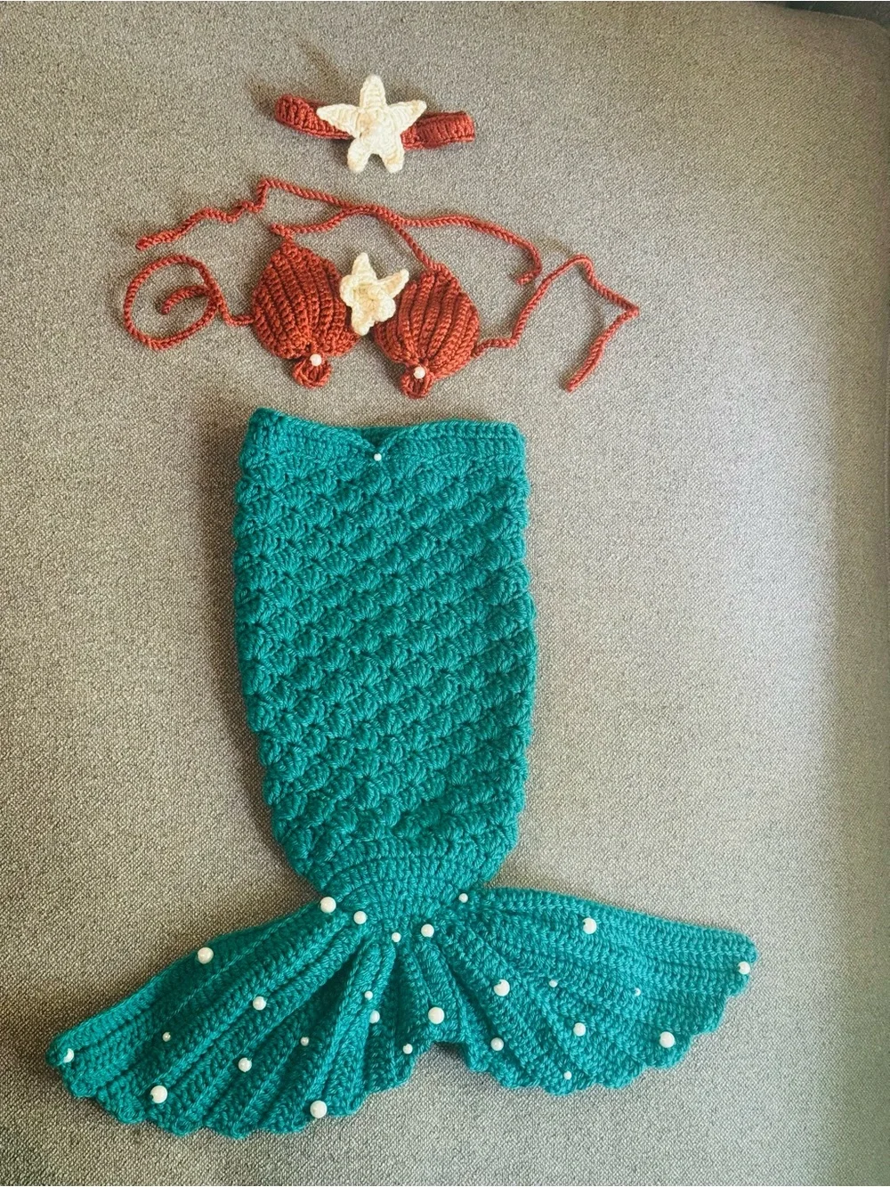 Handmade Teal Mermaid Tail Set with Rust Bikini and Cream Star Accent